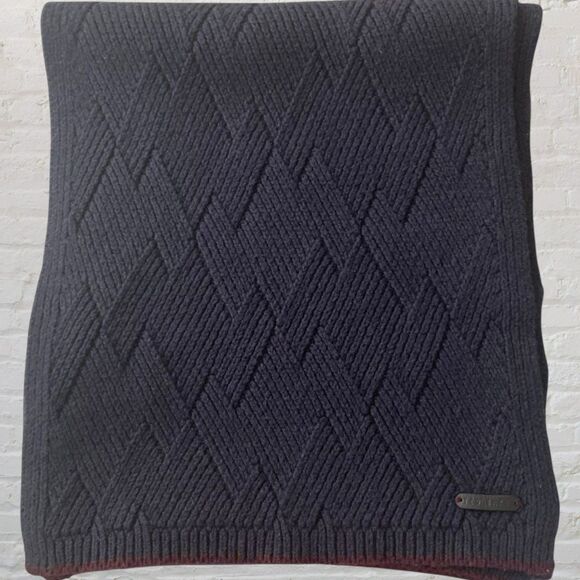 Ted Baker Wool Blend Knitted Scarf Men's Rectangle Classic Dark Grey Purple Hue - Picture 9 of 12